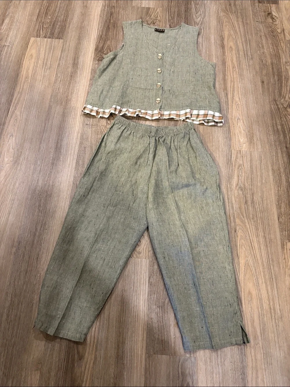 Green  Striped/Plaid Two-Piece Linen Pants & Vest Set